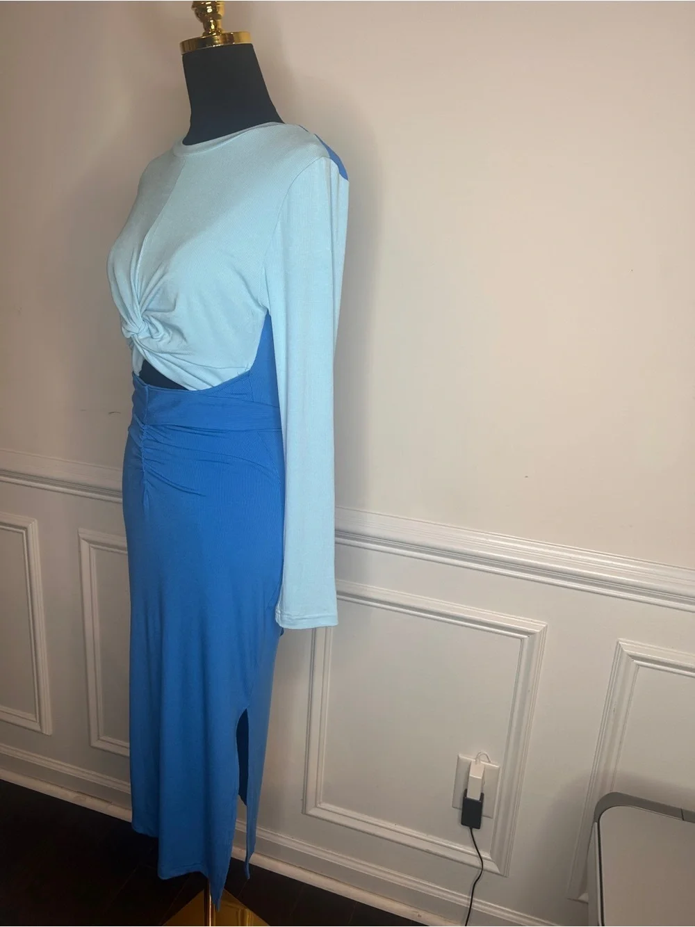 Light Blue Twist Front Long Sleeve Top with Royal Blue Midi Skirt